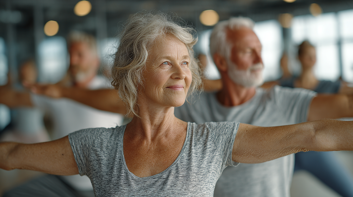 Група старших людей займається йогою в світлій студії
